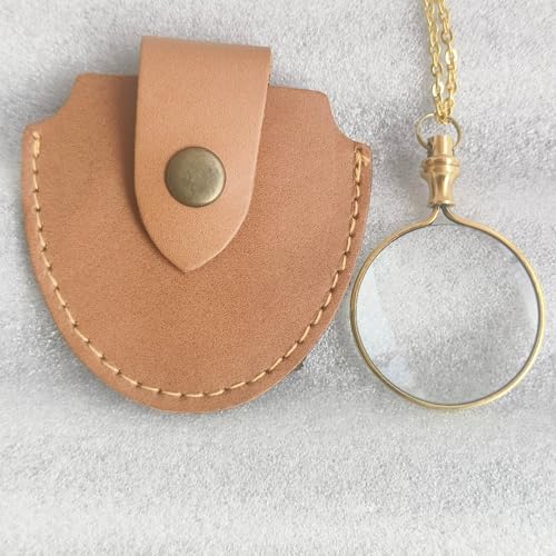 10X Magnifiers Antique Brass Chain Necklace with 40mm Diameter Glass Magnification Lens Pendant Portable Pocket Loupe Monocle for Library (Golden)