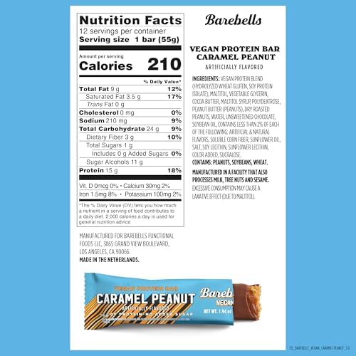 Barebells Vegan Protein Bars Hazelnut-Nougat & Peanut Caramel - 24 count, 15g of Plant-Based High Protein Treats - Chocolate Nutrition Bar with 1g Total Sugar - On The Go Breakfast or Post-Workout