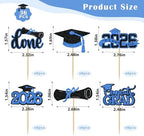 Blue Graduation Cupcake Toppers 2026, 36pcs Glitter Cupcake Toppers for Class of 2026 Party Decoration Cap Diploma Done Congrats Grad Picks for Food Dessert Graduation Party Supplies
