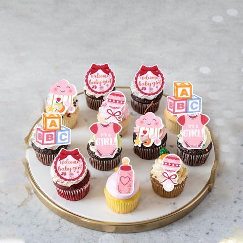 60 PCS Edible Oh Baby Cupcake Toppers Pacifier Cloud Moon Star Welcome Baby Girl Cupcake Picks Edible Baby Shower It's a Girl Cake Decorations for Baby Shower Girls Birthday Party Supplies Pink