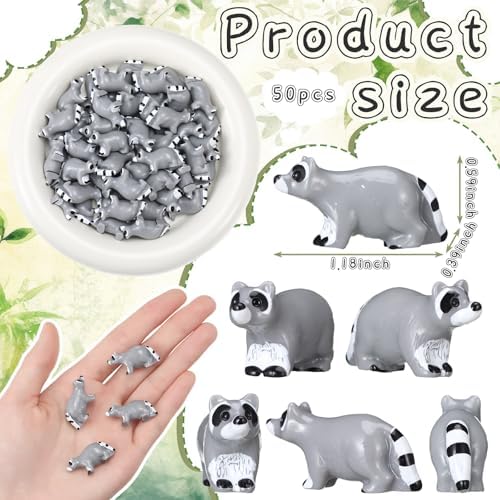 50 Pcs Mini Raccoon Figurine Bulk Resin Miniature Tiny Animals Figures Small Little Cute Raccoon Home Decor for Cabin Lodge Rustic Cake Toppers Desktop Home Decor(Crawl)