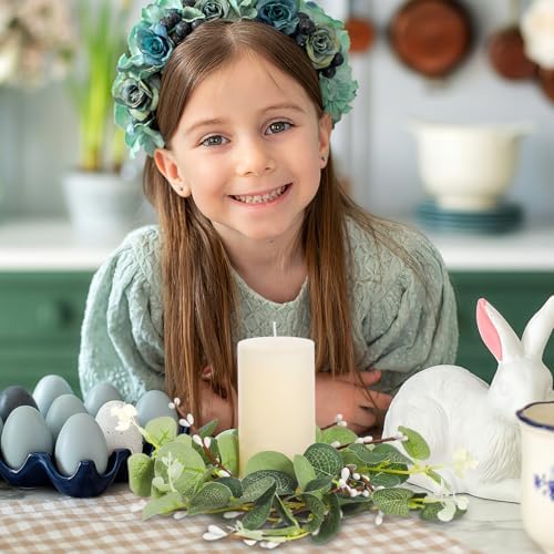 Zerodeko 2Pcs Easter Candle Ring Eucalyptus Leaves Wreath Pillar Candle Holders Mini Green Leaves Wreath Table Decor for Easter Table Centerpiece 8cm