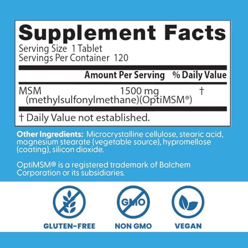 Doctor's Best MSM Supplement 1500mg for Men & Women - Supports Hair, Skin, Nails, Joint Health, & Mobility, Delivers Beneficial Sulfur with OptiMSM, Gluten Free, Non GMO, Vegan - 120 Tablets