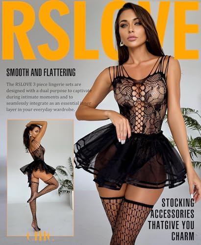 RSLOVE Sexy Babydoll Lingerie - 3 Piece Exotic Lingerie Sets Fishnet Teddy Bodysuit with Thigh High Stockings and Mini Skirt