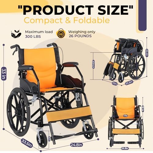 Lightweight Wheelchair with Swing-Away Footrests and Flip-Back Arms, Portable Folding Transport Wheelchair or Adults & Seniors with Brake for Storage and Travel Use, 17 Inch Seat,300 Lbs (Black)