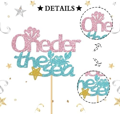 Oneder the Sea Cake Topper - Girl's 1st Birthday Party Decorations, Mermaid Baby Shower Cake Topper, Ocean World Gender Reveal Party Decoration Suppllies, Glitter