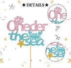 Oneder the Sea Cake Topper - Girl's 1st Birthday Party Decorations, Mermaid Baby Shower Cake Topper, Ocean World Gender Reveal Party Decoration Suppllies, Glitter