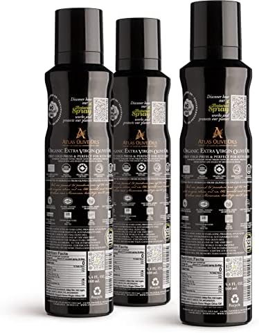 Olive Oil Spray by Atlas, Dual Function Olive Oil Cooking Spray and Stream, 5.4 fl oz, 3 Pack, Extra Virgin, Non Stick, Cold Pressed, Polyphenol Rich, Organic Moroccan EVOO, Hydroxytyrosol, Keto