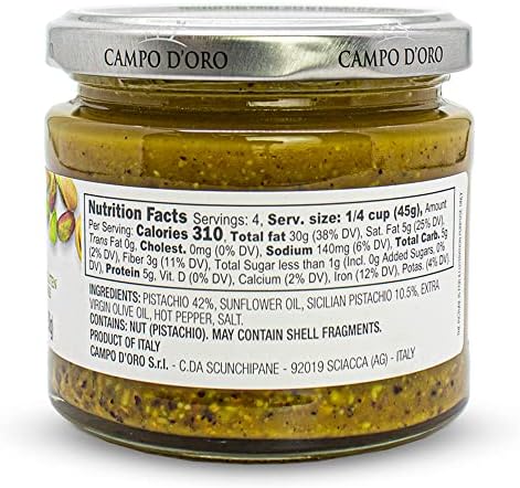 CAMPO D'ORO - Pistachio Pesto, Paste, UnSweetened, Sicilian Pesto Sauce, Savory, Creamy, Spreadable, 6.35oz, Sicily