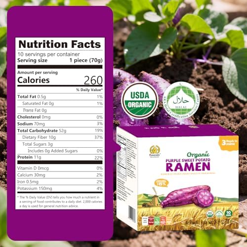 SUNGIVEN Organic Ramen Noodles Purple Sweet Potato Healthy Low Sodium Ready in 3 Minutes Non-Fried Instant No Additives or Preservatives 2.47 OZ (Pack of 10)