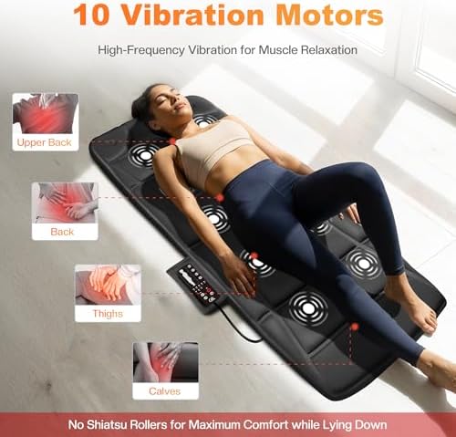 CILI Massage Mat Full Body,Massager Chair Pad,10 Vibration Motors & 5 Massage Modes,Back Massager for Bed,Massage Mattress Pad for Back,Heating Pad with Auto Shut Off