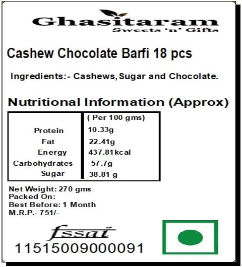 Ghasitaram Gifts Valentines Gift for Girlfriend/Boyfriend/Husband and Wife - Valentine Sweets Cashew Chocolate Barfi 18 pcs