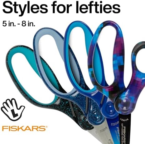 Fiskars 5" Softgrip Left-Handed Pointed-Tip Scissors for Kids Ages 4-7, Left-Handed Scissors for School or Crafting, Back to School Supplies, Blue Lightning