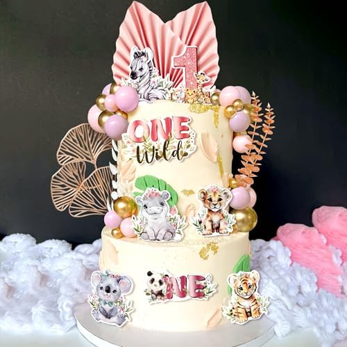 40Pcs Wild One Cake Topper Safari 1st Birthday Decorations Girl Jungle Wild One Cake Decorations Safari Zoo Animal First Birthday Party Cake Toppers Baby Shower