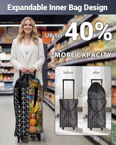 Rolling Shopping Bag, Small Shopping Cart with Wheels,Collapsible Portable Waterproof Tote for Market & Grocery Runs–Gift for Women & Seniors(Black&Expandable Bag)