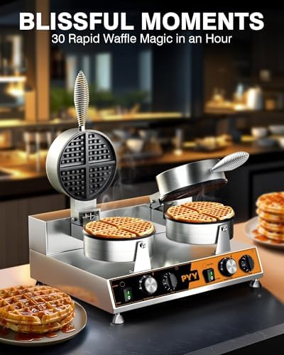 PYY Commercial Double Waffle Maker - 2500W Belgian Waffle Iron with Nonstick Plates,Dual Temperature&Timer Control,Stainless Steel for Restaurant,Food Truck,Catering,Home Use,SILVER ORANGE