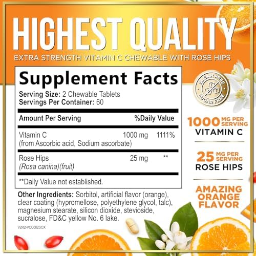 Vitamin C 1000mg Per Serving - Extra Strength with Rose Hips Bioflavonoids - Sugar Free Vitamin C Chewable Pills, Vit C Supplement for Immune Support & Antioxidant, USA Bottled - 120 Chewable Tablets