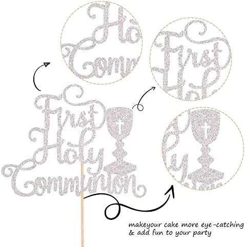 1 PCS First Holy Communion Cake Topper Glitter Baby Baptism Christening Cake Pick God Bless Cake Decorations for First Communion Theme Baby Shower Birthday Party Supplies Silver