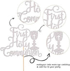 1 PCS First Holy Communion Cake Topper Glitter Baby Baptism Christening Cake Pick God Bless Cake Decorations for First Communion Theme Baby Shower Birthday Party Supplies Silver