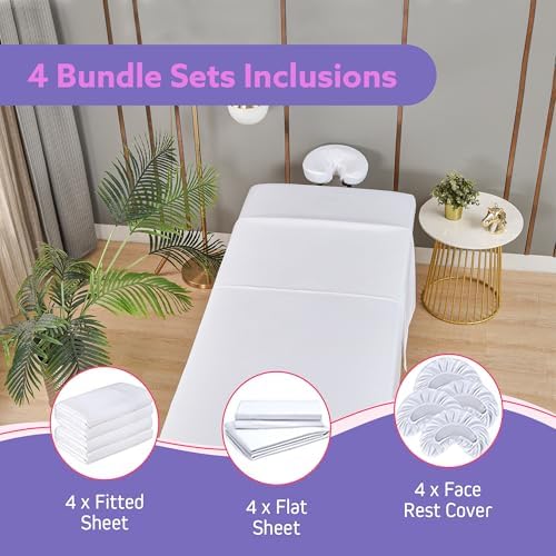 Massage Table Sheets Set – 3 Piece 4 Set, Microfiber Spa Bed Sheets, Cotton-Feel Massage Bed Cover, Wrinkle & Oil Resistant, Soft Accessories for Estheticians – White