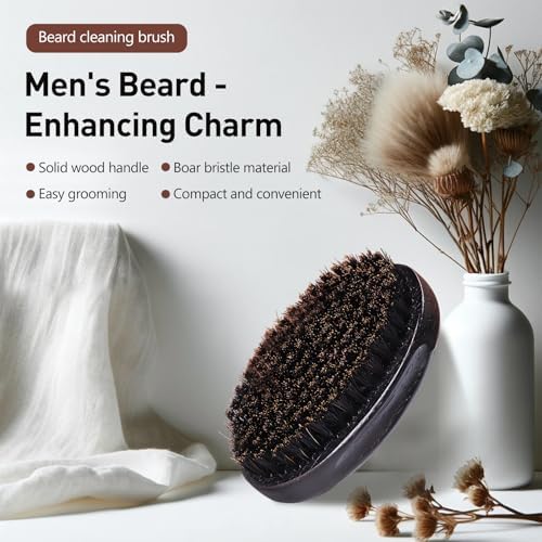 Men's Boar Bristle Beard Brush with Wooden Handle - Pocket Size for Mustache and Beard Grooming (Black)