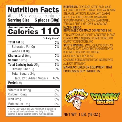 WARHEADS Colossal Sours - Giant Sour and Sweet Candy with a Tangy Crunch - Intense Fruit Flavors - Blue Raspberry, Orange & Green Apple – 1 lb. Bag