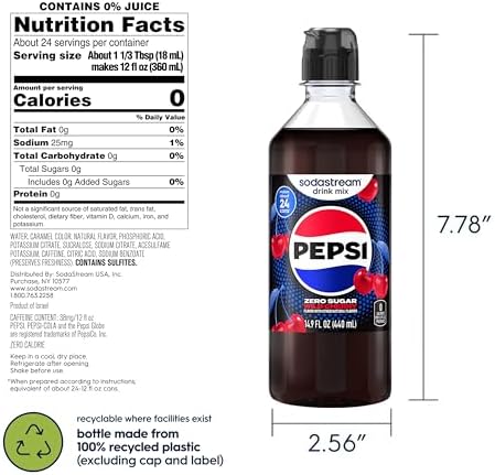 SodaStream Pepsi Wild Cherry Zero Sugar New Pour Bottles Drink Mix (440ml, Pack of 4)