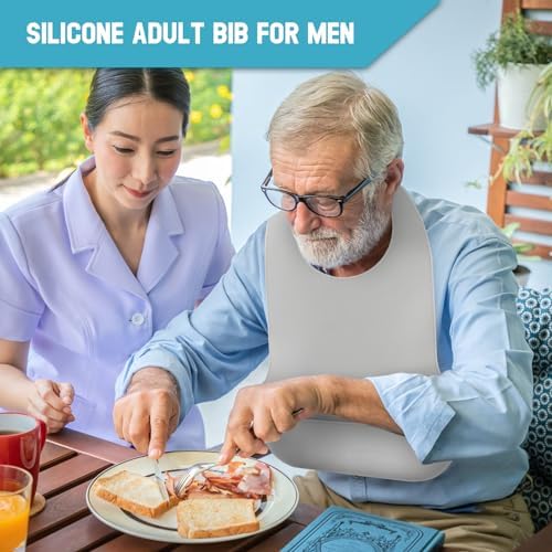 Adjustable Silicone Adult Bib, Washable Bib for Men & Women, Waterproof bib for Elderly with Crumb Catcher
