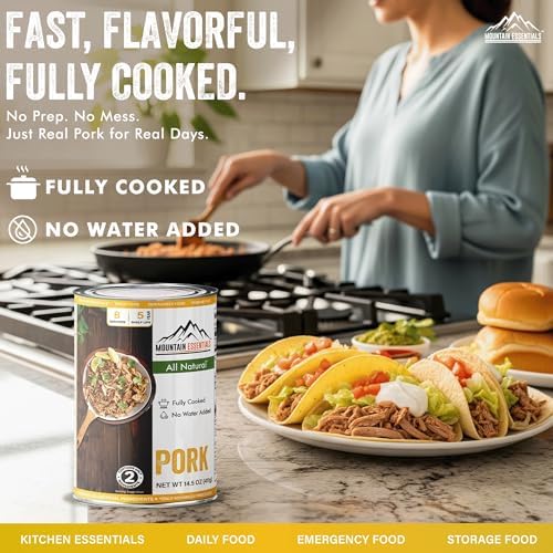 MOUNTAIN ESSENTIALS Canned Pork 14.5 oz – Fully Cooked, Ready to Eat – Pantry Staple Meat for Everyday Meals, Premium Emergency Survival, Bulk Food Storage, Camping, Hiking & Quick Meals – 5-Year Shelf Life – Made in USA – Gluten Free, No Carbs Pack of 1
