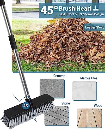 LandHope Hard Bristle Deck Broom Adjustable Long Handle Scrub Brush Heavy Duty Concrete Push Broom Outdoor Brush Garage Broom Wood Large Floor Scrubber 28-52 inch Balcony -Multi Segment Handle