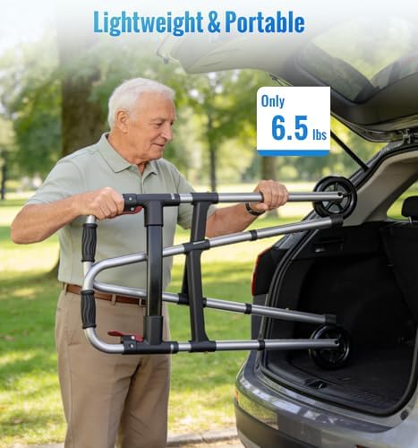Walkers for Seniors, One-Hand Folding, 8 Height Adjustments, Walkers with Wheels, 2 Skis and 5" Wheels, Lightweight Walker for Seniors, Standard Walkers for Seniors, Aluminum Frame, Frosted Silver