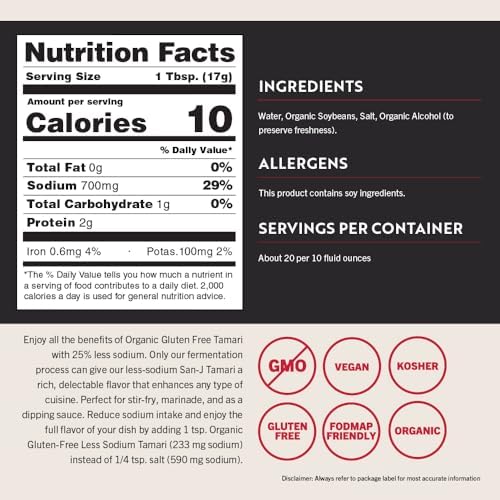 San-J - Organic Gluten Free Tamari Soy Sauce with 25% Less Sodium - Specially Brewed - Made with 100% Whole Soy - 10 oz. Bottle