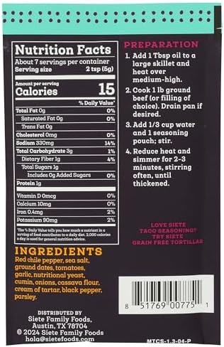 Siete Mild Taco Seasoning Mix | Gluten Free | Vegan | Paleo | Preservative Free | Whole 30 Approved (1 Packet)