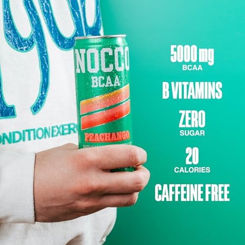 NOCCO BCAA Drink Peachango - 12 Fl Oz (Pack of 12) - 0mg of Caffeine, 5000mg of BCAAs – Sugar & Caffeine Free Low Calorie Carbonated Drink with Vitamin B6, B12, Biotin - Grab & Go Performance Drink