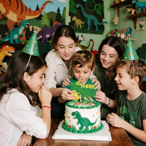 Dinosaur Rex 3rd Birthday Cake Decorations - Green Glitter Dino T-Rex Three Year Old Cake Topper for Dinosaurs Theme Kids Boys 3 Years Old Birthday Party Supplies Decoration