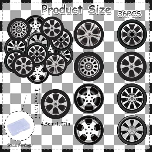 36PCS Edible Wheel Tire Cupcake Toppers Wafer Paper Racing Cars Wheels Cupcake Picks Racing Cupcake Toppers for Let’s Go Racing Checkered Theme Party Decor Supplies