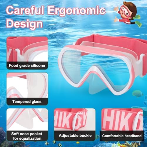 Diving Masks for Kids, Goggles with Nose Cover, Elastic Strap, Tempered Glass