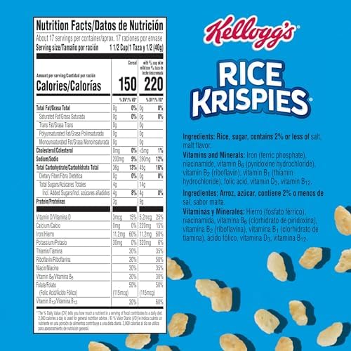Kellogg's Rice Krispies Cold Breakfast Cereal, 8 Vitamins and Minerals, Rice Krispies Treats, Giant Size, Original, 24oz Box (1 Box)