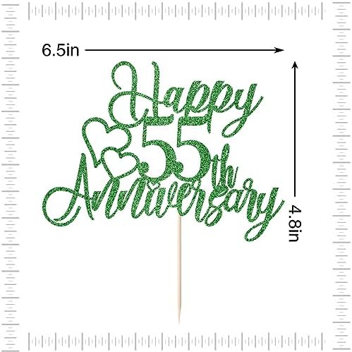 55th Anniversary Cake Topper，Company 55 Anniversary Party Decorations,55th Birthday/Wedding Anniversary/Emerald Wedding Party Decoration Supplies Green Glitter