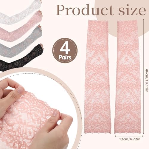 4 Pairs Women Lace Arm Sleeves, Fingerless Bridal Arm Sleeves Stretchy Sunblock Floral Hollow Covers Warmers for Wedding Party Prom Costume Cosplay Party