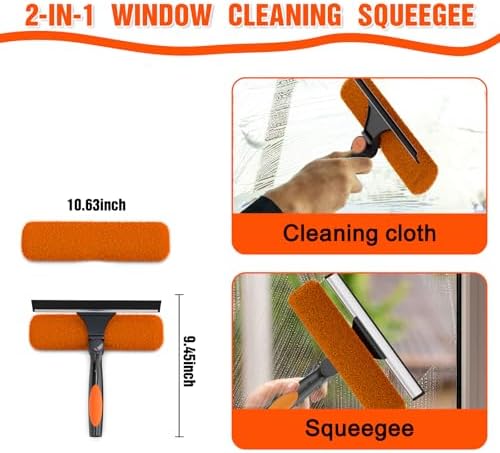 Window Squeegee Kit with Extension Pole, 2-in-1 Professional Washer for High Windows, 3-12FT Adjustable Reach, Rotatable Head for Indoor & Outdoor Use, Streak-Free Cleaning Tool for Home