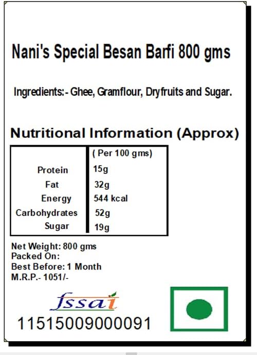 Ghasitaram Gifts Nani's Special Besan Barfi 800 GMS