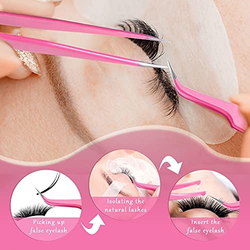 High Precision Lash Tweezers Set 6 Pack Stainless Steel Eyelash Extension Tweezers for Classic, Volume, Mega Volume Lashes, Facial Hair, Eyebrow, Hair Removal, Crafting Making(Pink)