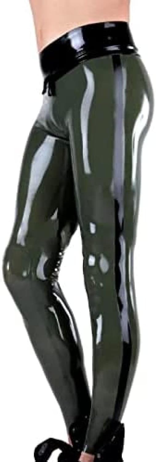 Army Green Sexy Latex Leggings for Men Without Zip Decorated with Black Stripes,Colour Customisation,S