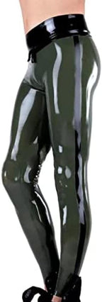 Army Green Sexy Latex Leggings for Men Without Zip Decorated with Black Stripes,Colour Customisation,S