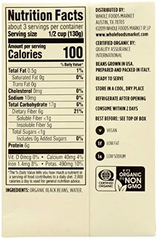 365 by Whole Foods Market, Organic Unsalted Black Beans, 13.4 Ounce (Pack of 6)