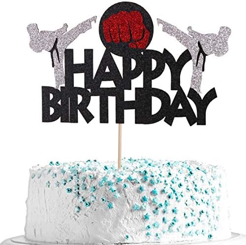 Anxdh karate cake top hat, taekwondo theme cake top hat, karate happy birthday party supplies sparkling black decoration