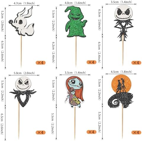 Rsstarxi 24 Pack Jack Skellington Halloween Cupcake Toppers Glitter Skull Ghost Cupcake Picks Decorations for Halloween Horrible Baby Shower Birthday Party Cake Decorations