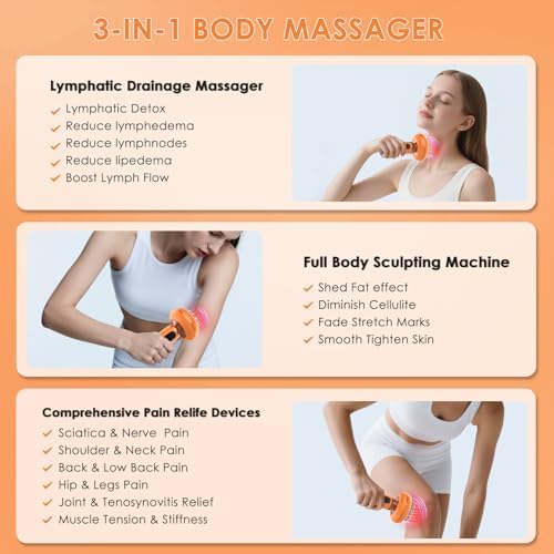 4-in-1 Body Sculpting Machine - Heated Handheld Lymphatic Drainage Massager with redlight & Vibration & Heat for lymphedema lipedema - Anit Cellulite Massage Tool Help Reduce Stretch Marks & Cellulite