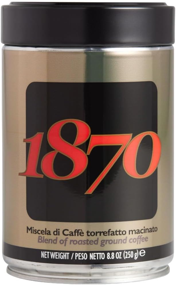1870 by Caffe Barbera: Classica Ground Roasted Coffee, 5 Bean Blend from Brazil, Columbia and Indonesia, Roasted in Italy by a Single Family over 150 years and 6 Generations (since 1870), 8.8oz / 250g